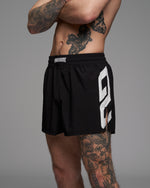002 Hybrid Short front view - black fight shorts with white UD print by Underdog Combat